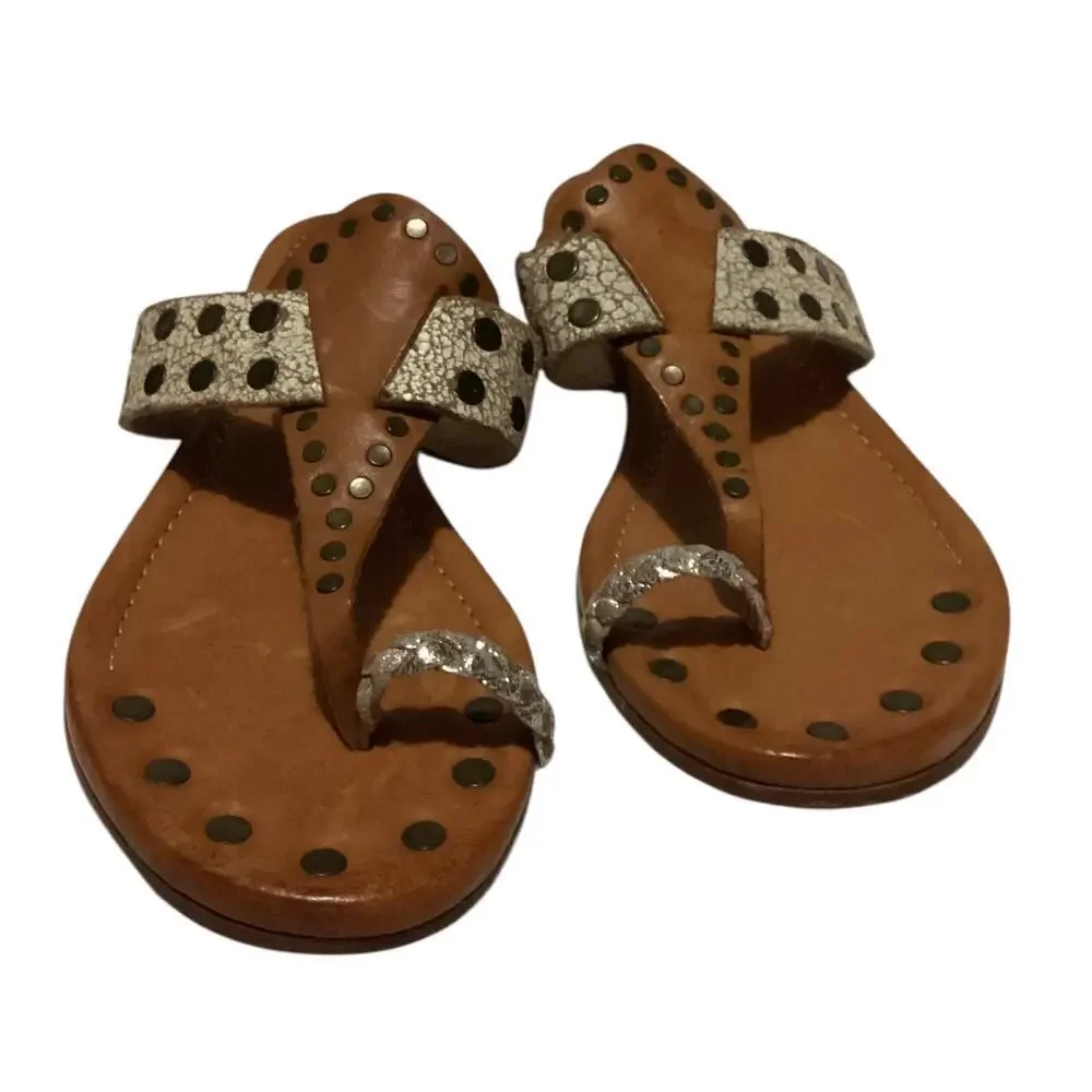 Frye tan leather sandals brass studs on the toe post. Size 8